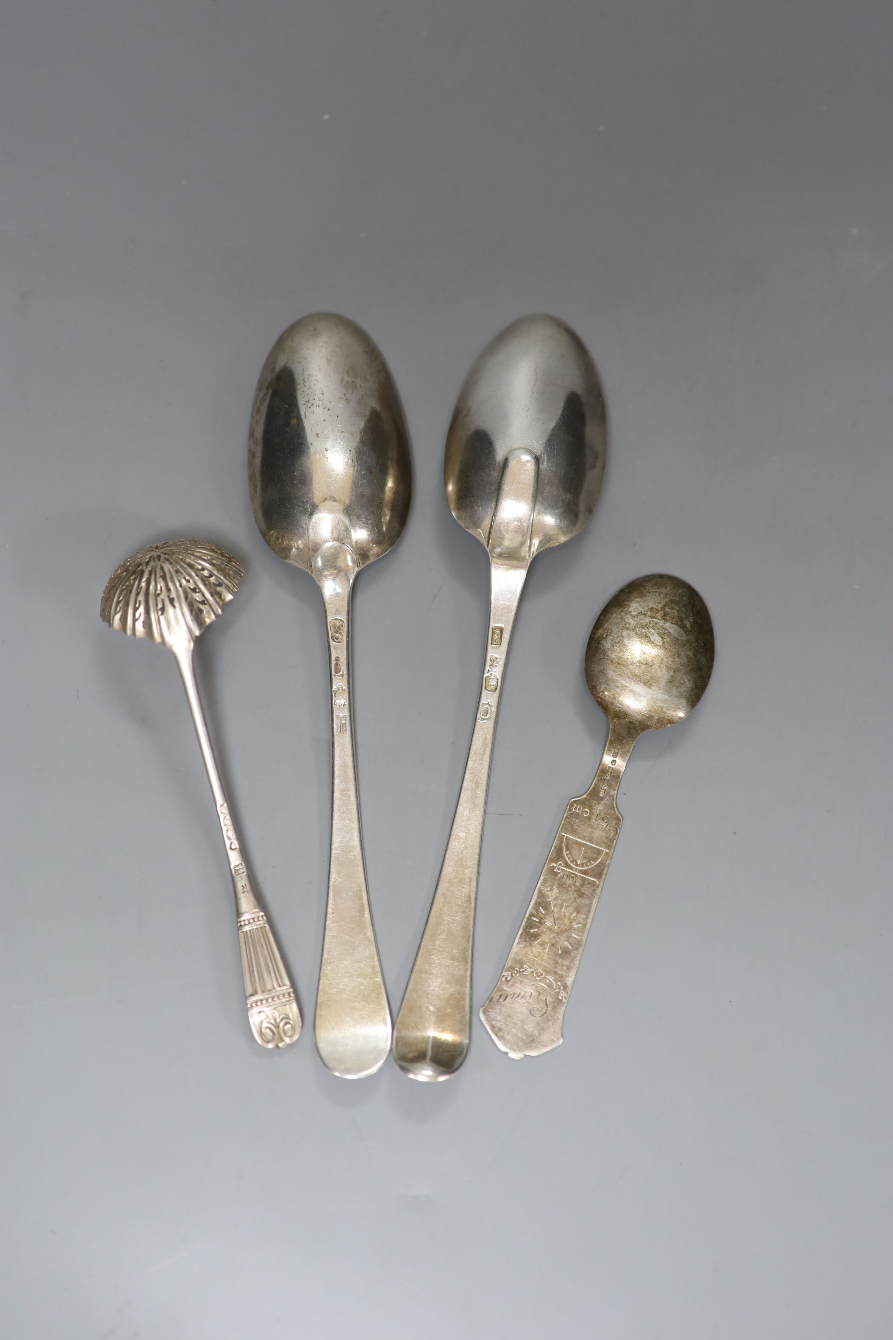 Three assorted silver spoons including two 18th century and a Finnish white metal spoons, gross 5oz.